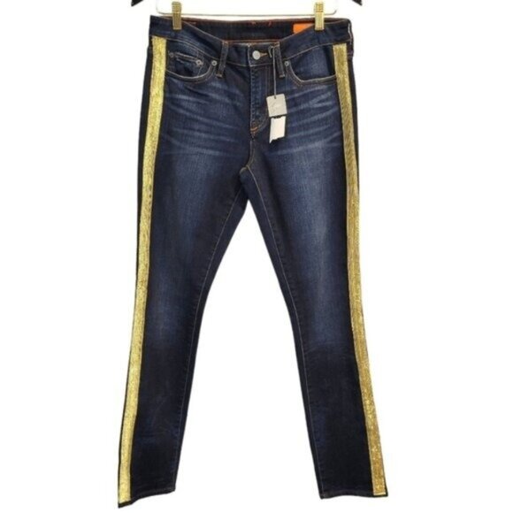 Revolve Jean Shop | Lana Glitter Gold Stripe Side Skinny Jeans Dark Wash - Picture 1 of 9